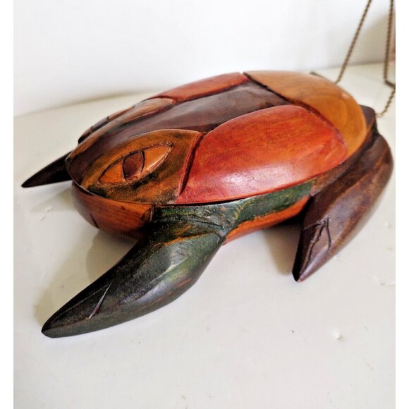 Vintage Folk Art Hand-Carved WOOD FROG 2 Piece Trinket Box 10" x 7" - Picture 6 of 16